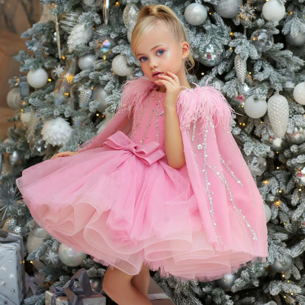 Vestidos de Fiesta de invierno para niña con capa de plumas, vestido de baile de lentejuelas con cuentas, vestidos de tutú de cumpleaños para bebé, Mini vestido de flores