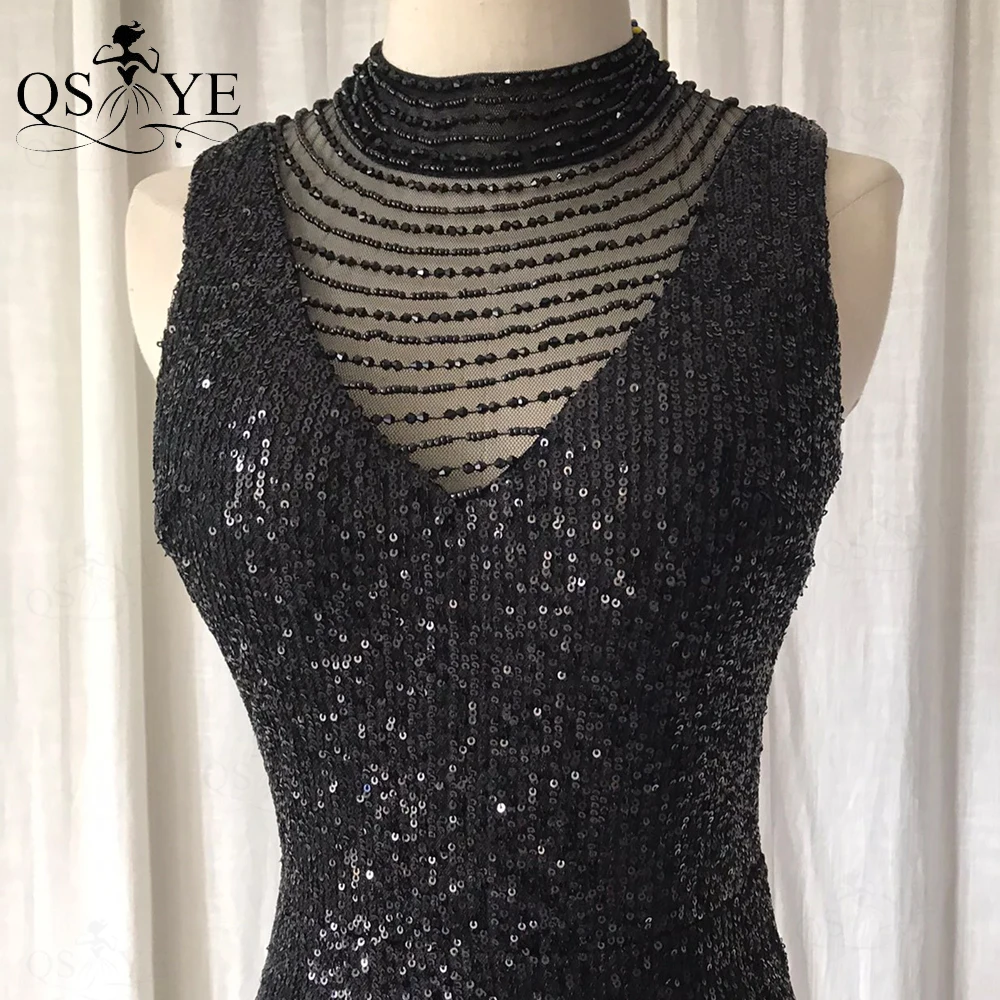 Alta pescoço preto vestidos de noite sereia lantejoulas vestido de baile ajuste beading formal vestido de festa sem mangas keyhole voltar vestido preto feminino