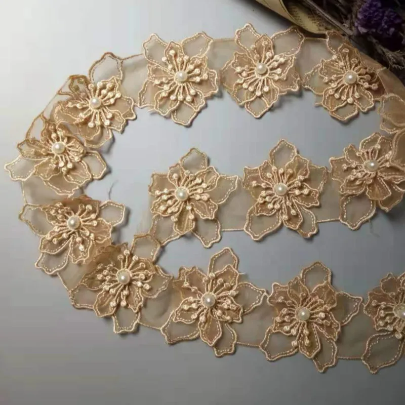 1 yards Gold 8cm Pearl Flower Embroidered Lace  Trim Ribbon Floral Applique Fabric Patches DIY Wedding Dress Sewing Craft