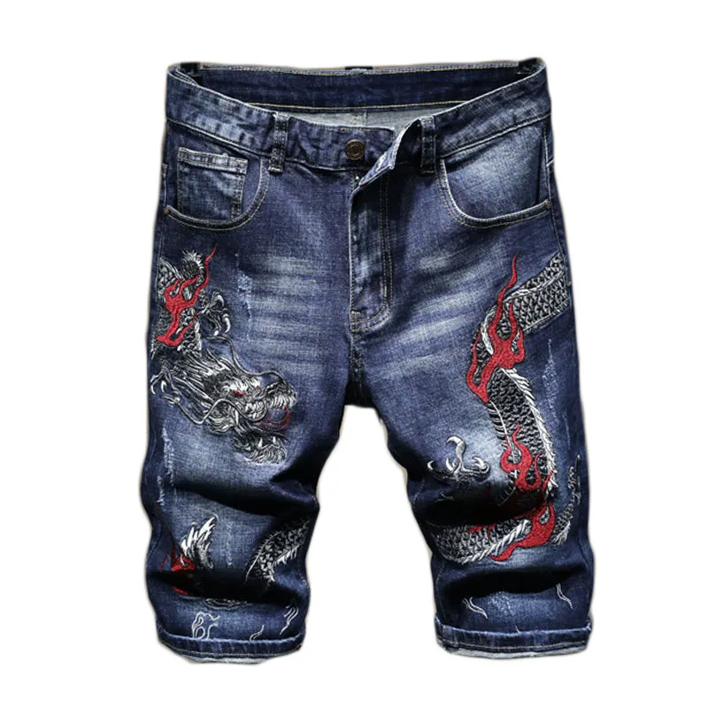 Summer new men\'s shorts ripped jeans faucet embroidery pattern five-point pants casual pants denim shorts blue color short