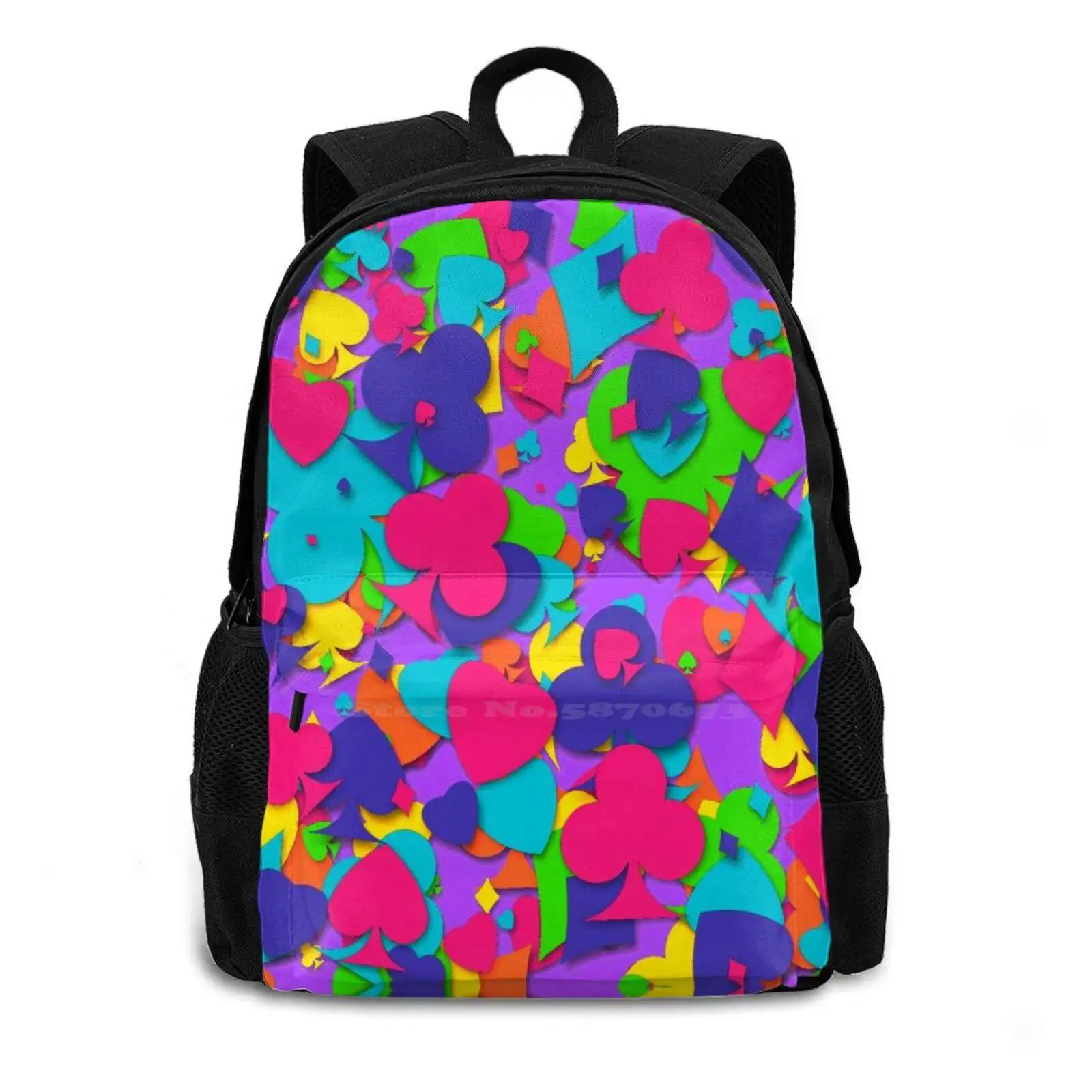 Colorful Playing Card Suits Travel Laptop Bagpack School Bags Playing Vegas Poker Heart Spade Club Diamond Pink Purple Yellow