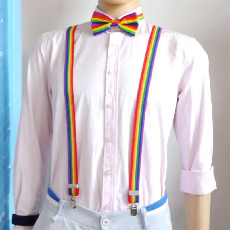 Men Wide Adjustable Straps Y-Back Suspenders Rainbow Colorful Vertical Striped Elastic Belt with Strong Metal Clips