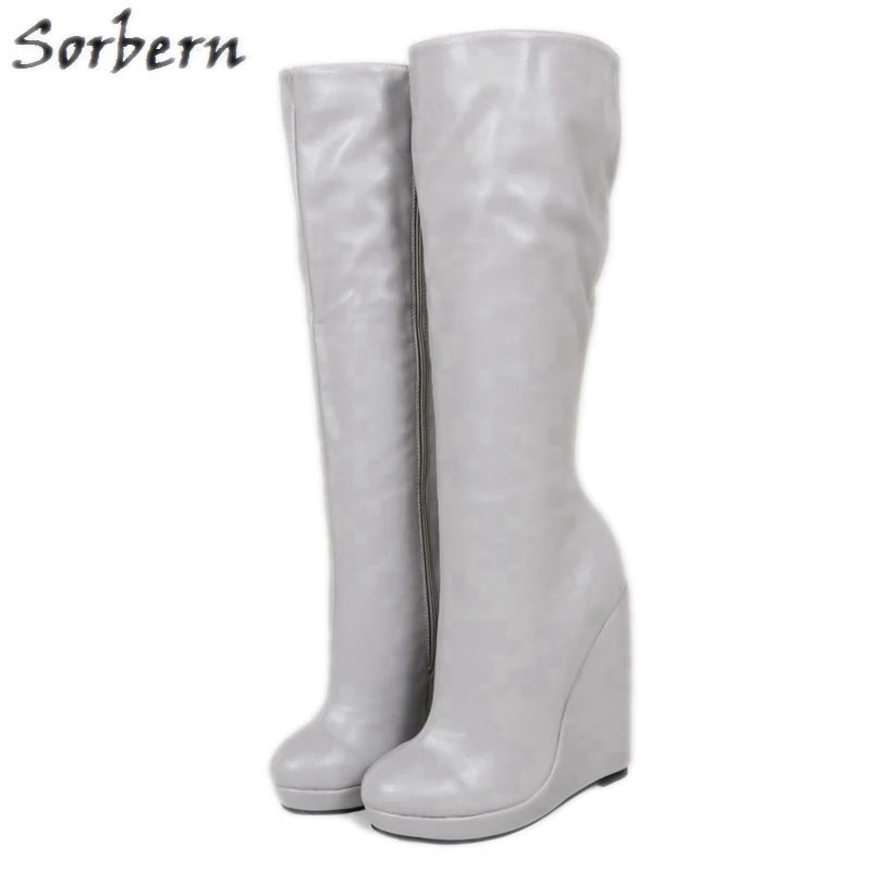 

Sorbern Women Gray Knee Length Wedges Boots Zipper Round Toe Plus Size Custom Color Botas Mujer 2019 Fashion Boots