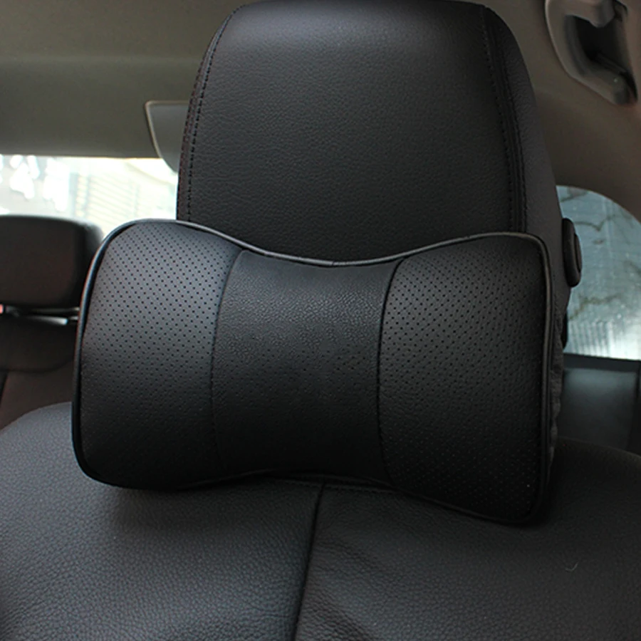 2 PC Genuine Leather Black Car Seat Rest Cushion Pad Headrest Car Neck Pillows Custom Logo for Lexus Jaguar Tesla Opel Audi benz