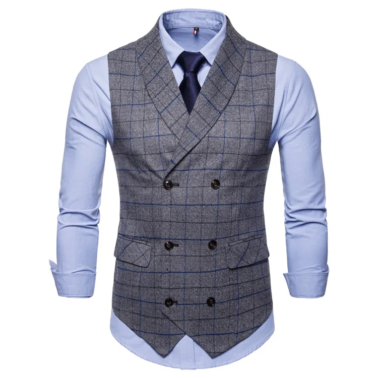 New 2020 Tweed Suit Men Vest Plaid Sleeveless Jacket Vests for Men Waistcoat Vintage Men\'s vest with Lapel gilet homme costume