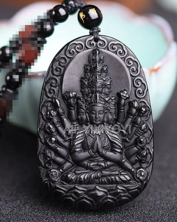 

Natural Black Obsidian Handwork Chinese Buddhism Thousand-Hand guanYin Blessing Amulet Pendant + Beads Necklace Fine Jewelry