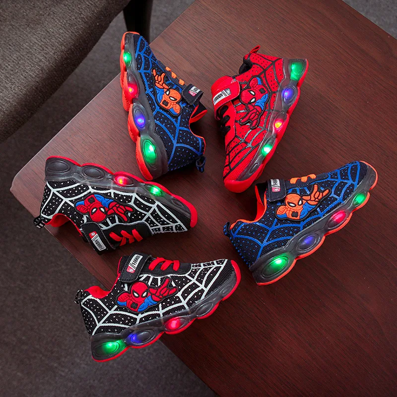 Disney Spring/Summer Children\'s Luminous Shoes Spider-Man Boys and Girls Running Shoes Children\'s Sports Shoes Mesh LED Lights