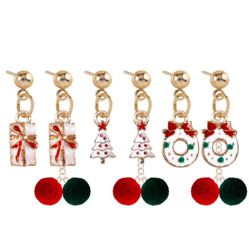 2020 New Christmas Series Earrings Classic Christmas Tree Gift Box Red Green Pompom Pendant Ladies Fashion Jewelry Holiday Gift