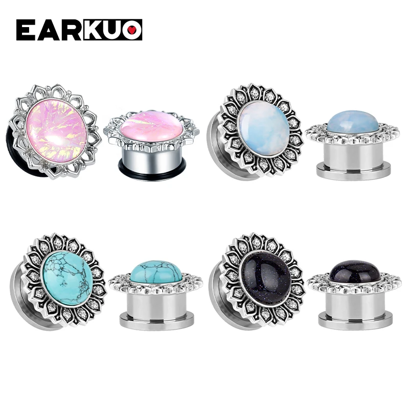 EARKUO Best Selling Flower Zircon Crystal Stainless Steel Ear Plugs Stretchers Gauges Piercing Body Jewelry Ear Expanders 2PCS