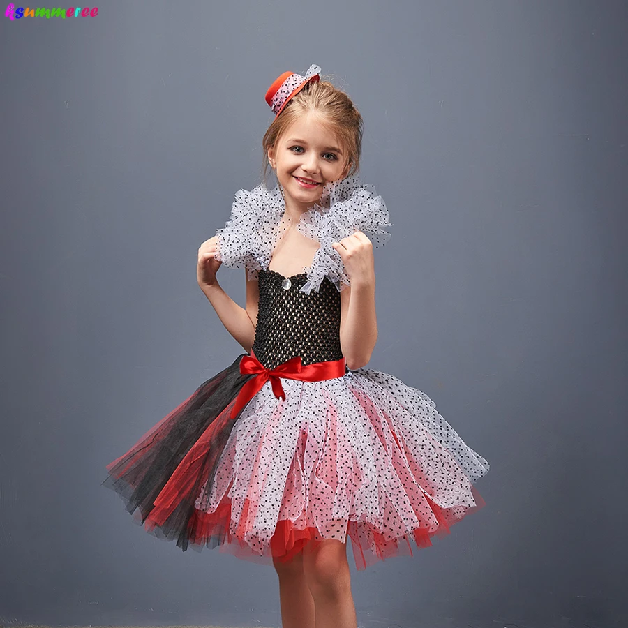 Girls Cruella De Vil Cosplay Dresses with Headwear Children Halloween Dalmatian Spots Tutu Dress Fancy Evil Dog Lady Costume