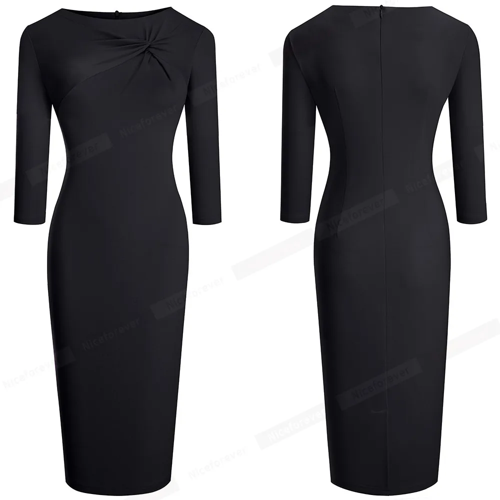 Nice-Forever Autumn Women Elegant Solid Color Dresses with Bow Business Work Vintage Bodycon Dress Slim btyB608