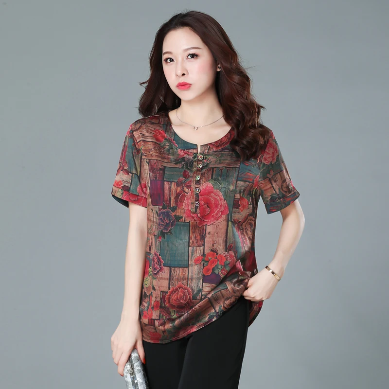 

Silk T Summer Shirt Women Fashion Floral Female T-shirt Plus Size Tshirt Woman Clothes 2023 Shirts Ropa Mujer KJ4029