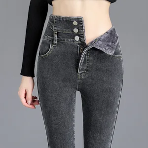 Frauen dicke Wolljeans, hohe Taille, Bleistifthose, Elastik, Knopf, ungezwungener Samt, Mutter, heiß, Winter, hohe Qualität 10 Elastan -Hosen für Frauen der Frauen - №9