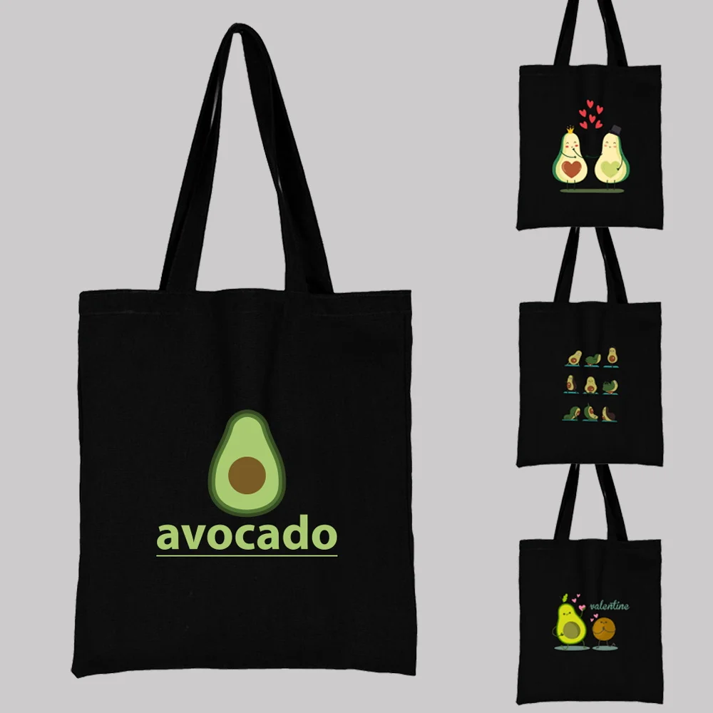 Simpatici cartoni animati di Avocado serie di modelli Eco borse per la spesa Shopper borsa a tracolla moda borsa con stampa nera borsa in tela