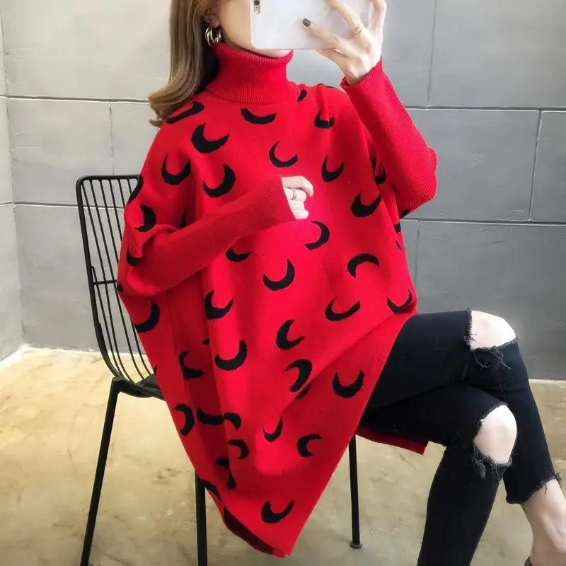 2023 autumn and winter cape moon all-match knitting outer turltneck long sleeve fashion bat sweater sweater female shawl jacket