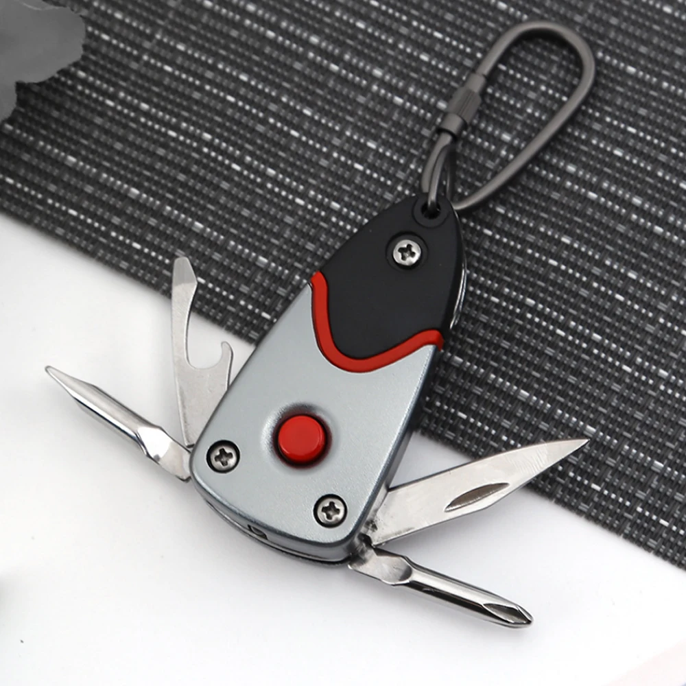 Multifunctional Outdoor 6-in-1 Folding Knife Mini Pocket Keychain Multitool Bottle Opener Screwdriver Blade LED Survival Tool