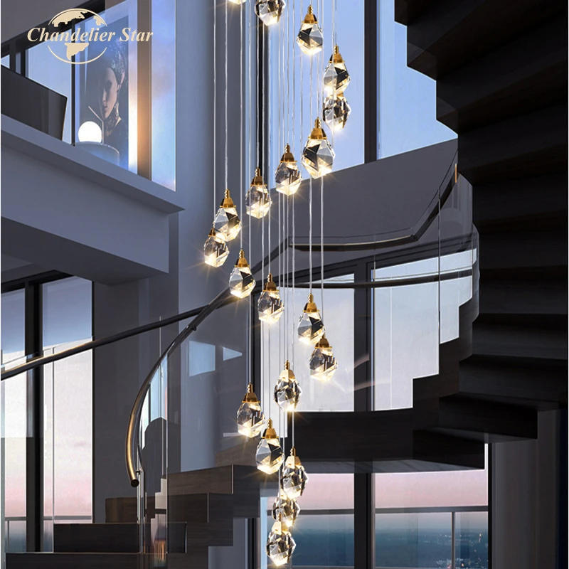 Modern LED Pendant Lights Luxury Crystal Stainless Steel Prism Diamond Chandeliers Lighting Bedroom Living Room Staircase Lamps