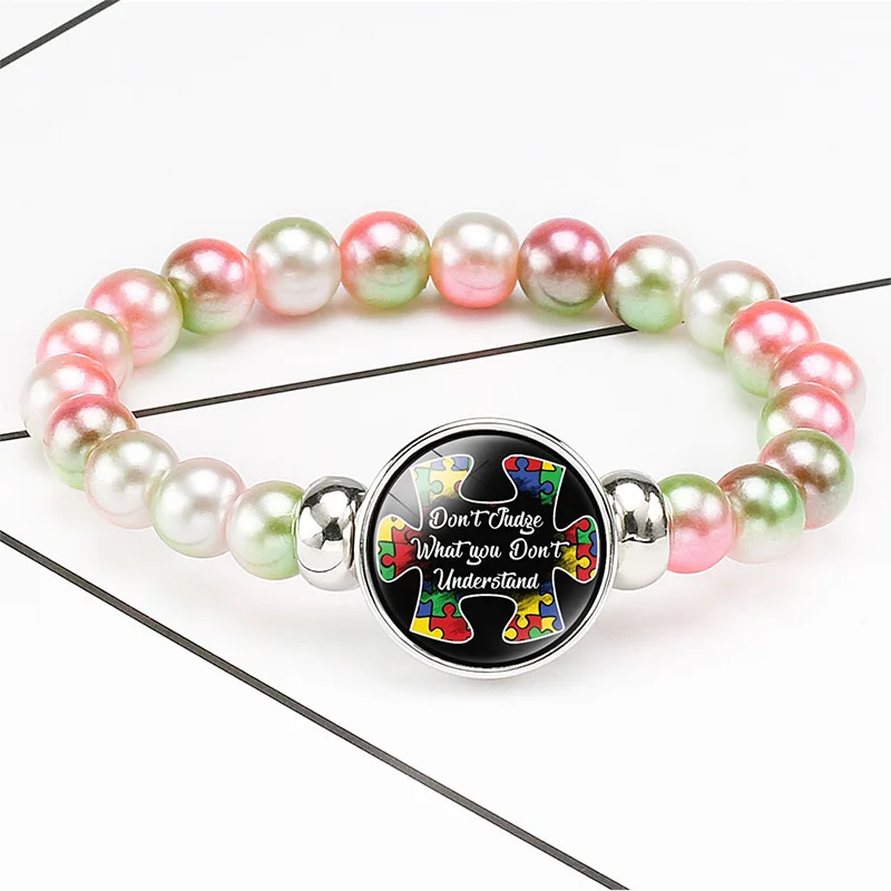 10PC Heart Autism Awareness Help Raise Understanding And Acceptance Beaded Bracelet 18mm Snap Buttons bracelets Jewelry Women