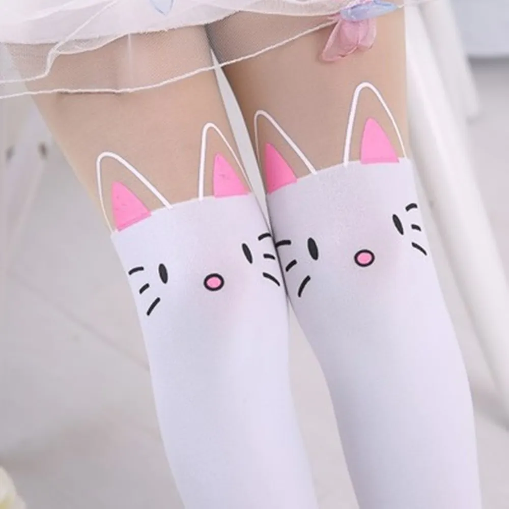 Cartoon Cat Children\'s Princess Girl Tights Stockings Baby Cute Pantyhose Kids Knee Fake Velvet Stocking White