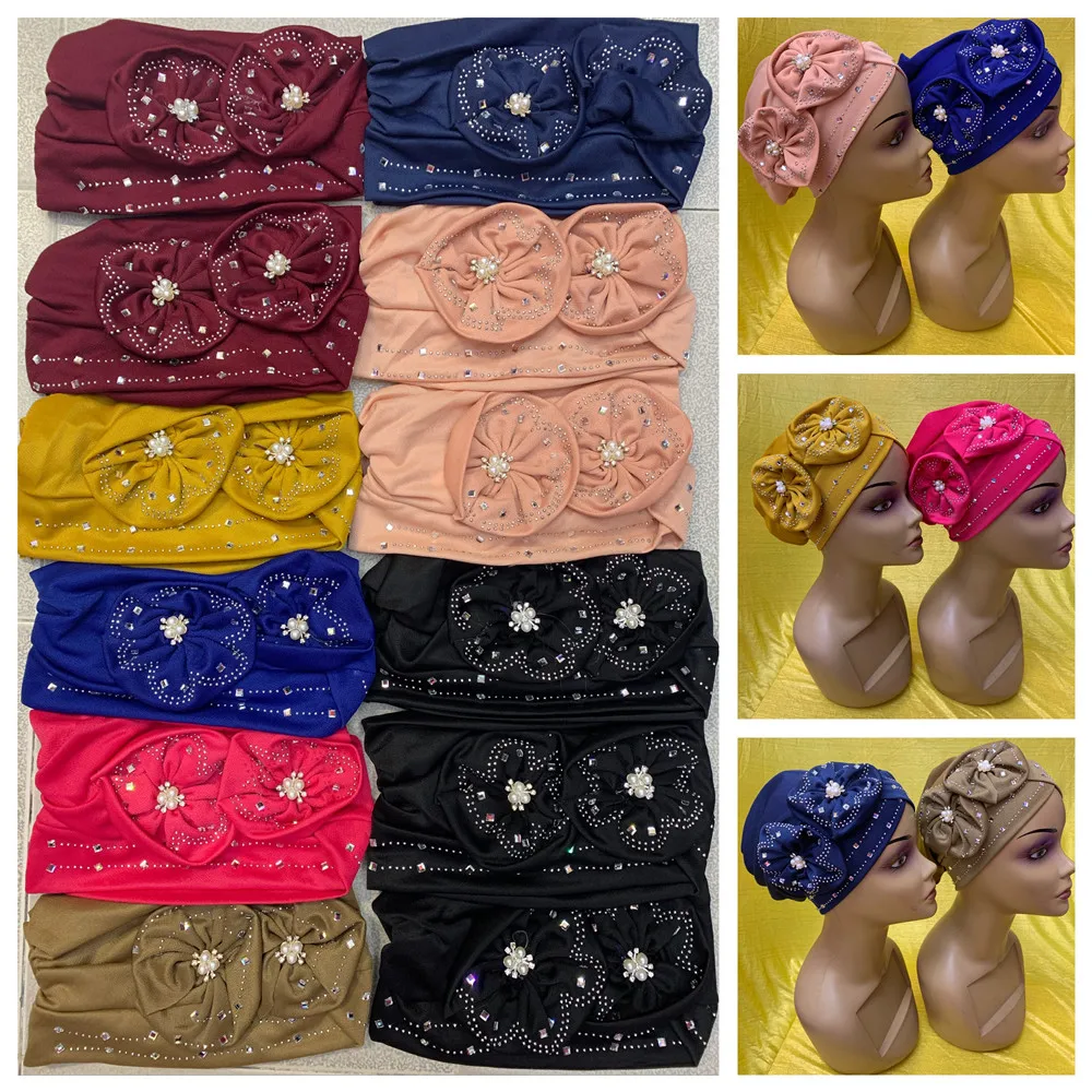 Elegant Flower Turban Hats Women Cap Beaded For Scarfs Head Wrap Headband Girl Hair Accessories Lady Hats 12pcs/pack