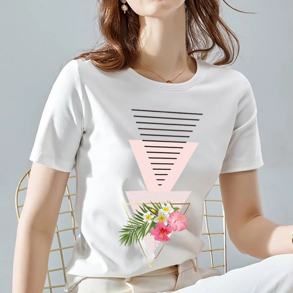 

T-Shirt New Geometry Printed Summer White All-match Commute Female Short Sleeve Tops Ladies O Neck Tee XXS-3XL Womens Clothing