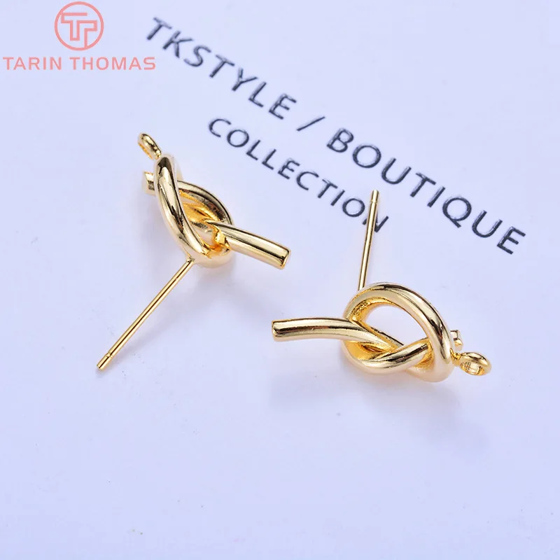 (3692)6PCS 8x17MM Hole 1.5MM 24K Gold Color Plated Brass Knot Stud Earrings High Quality DIY Jewelry Making Findings