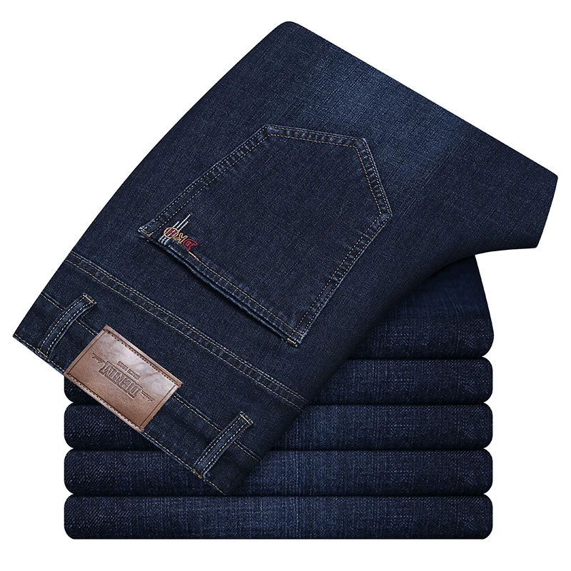 2024 Herfst Nieuwe Stretch Katoenen Heren Zakelijke Straight-Leg Jeans Klassieke Stijl Mode Donkerblauwe Denim Broek Mannelijk Merk Broek