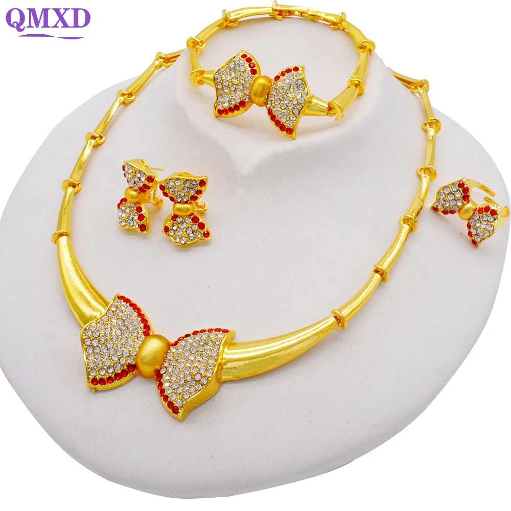 Fashion Gold Color Jewellery Set For Women Dubai African Bridal Gifts Bow Jewelry Sets Necklace Earrings Set Wedding Accessories