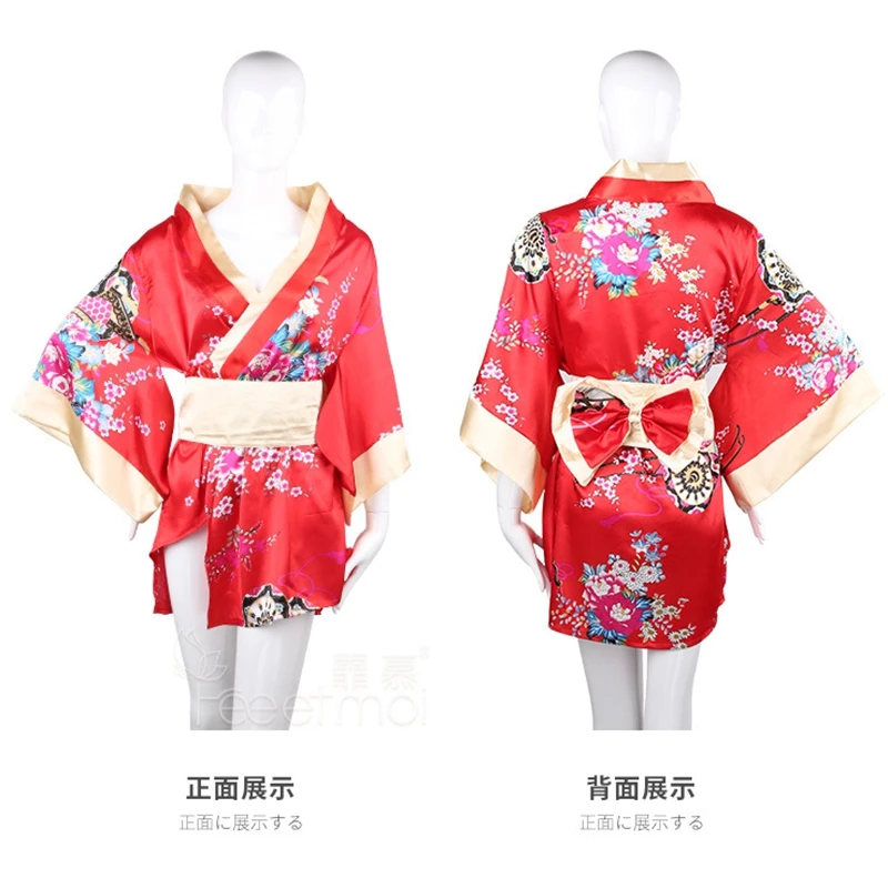 Traditional Japanese Kimono Women Sleepwear Uniform Sexy Lingerie Deep V-neck Kimono Floral Short Bath Robe Sex Play Nightwear