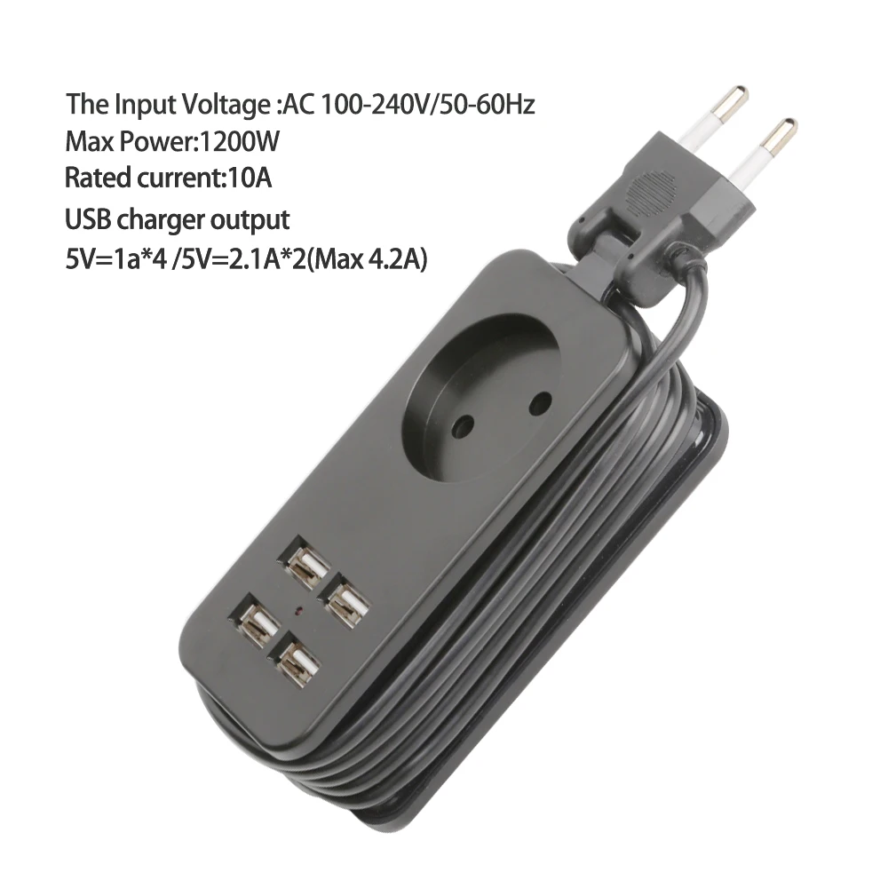 Travel Extension Socket Outlet  Power Strip Portable EU Plug Surge Protector with 4 USB