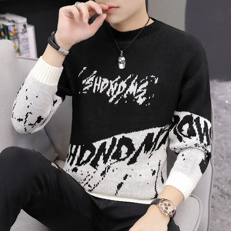 Graffiti Hip Hop Slim Sweaters Men 2020 Autumn WInter Round Neck Sweater Men Jumper Soft Stretchable Long Sleeve Pullover