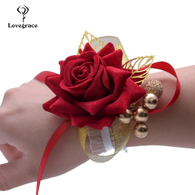 Poignet rouge Corsage demoiselles d'honneur Bracelet de mariage pour les mariées rose soie fleur bracelets Bracelet accessoire de mariage fille main Flore