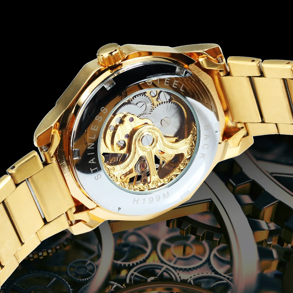 WINNER Luxury Dodecagon Skeleton Automatic Mechanical Watches for Men Luminous Carved Movement Stainless Steel Strap Gold Watch