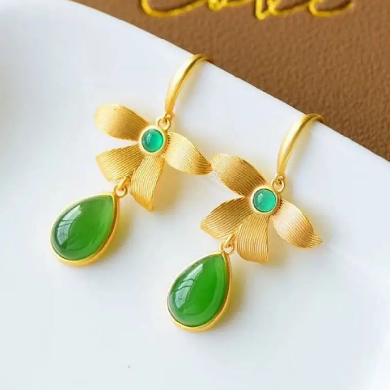 

New SNew Silver Inlaid Natural Hotan Jasper Butterfly Shaped Earrings Super High-Tech Drop-shaped Women's Brand Jewelry