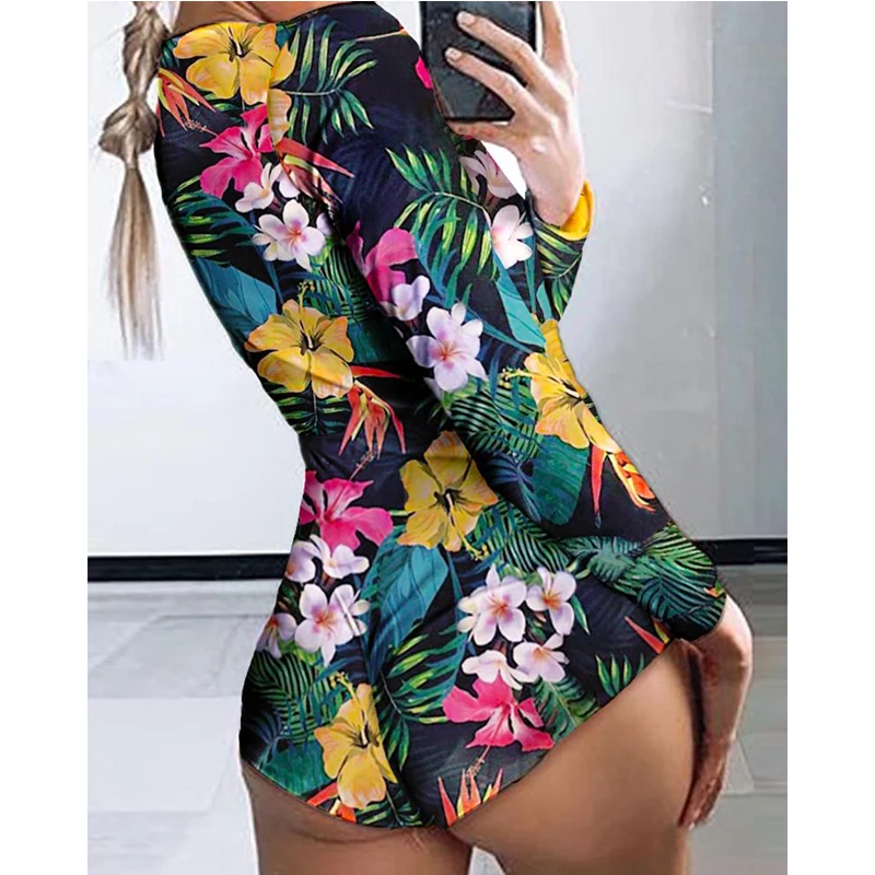 Summer Ladies Pajamas Jumpsuit  Stretch Leotard Button Short Romper Overalls Sexy Women Bodysuit Long Sleeve Deep V Neck Bodycon