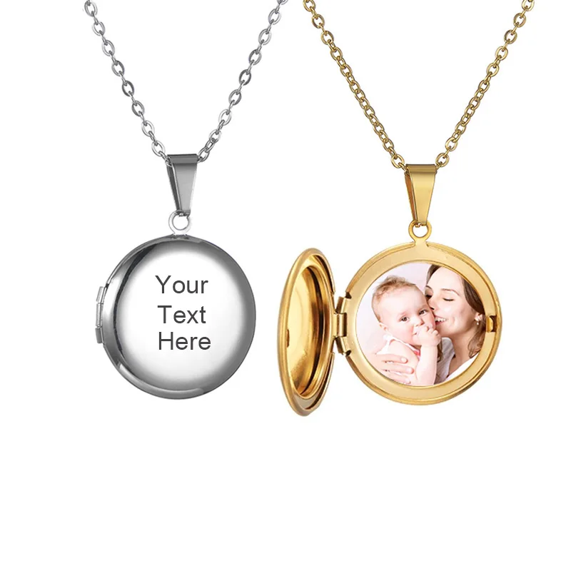 Custom Photo & Text Stainless Steel Locket Necklace Pendant 25mm Round Photo Locket Jewelry Gifts for Women Men 3 Colors