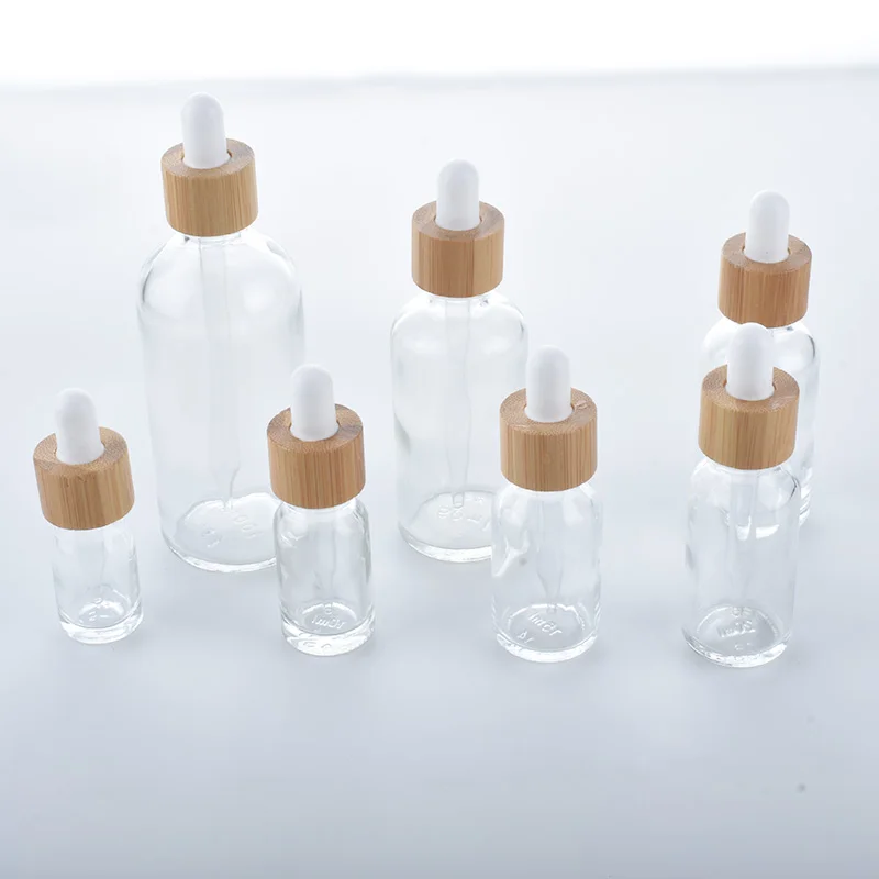 

100pcs bamboo cap clear glass bottle dropper eco-friendly wooden lid essential basic massage oil pipette refillable container