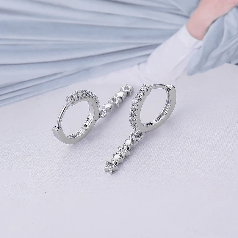 Vintage Light Luxury Stainless Steel Earrings Zircon Star Connected Pendant Hoop Earrings For Women Sweet Party Wedding Jewelry