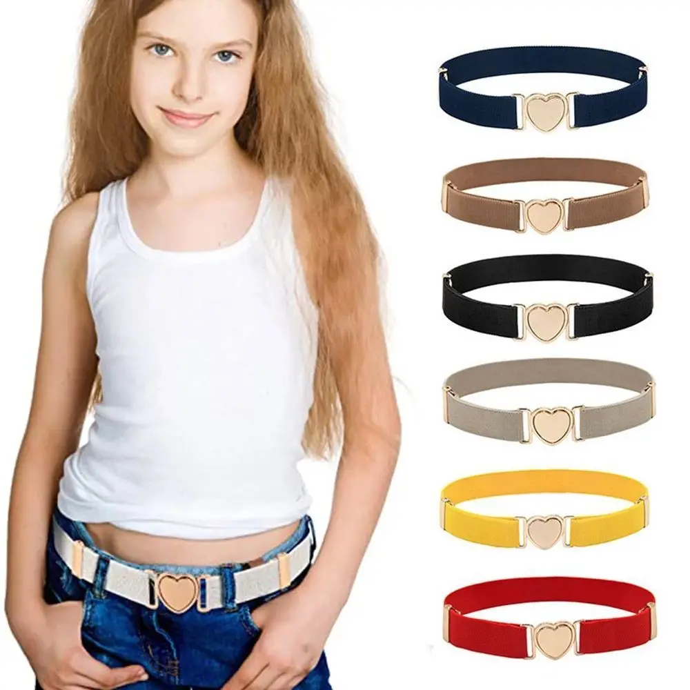 Children Stretch Belts Girls Multicolor Adjustable Elastic Waist Belts with Heart Shape Buckle for Uniform Dress Pants