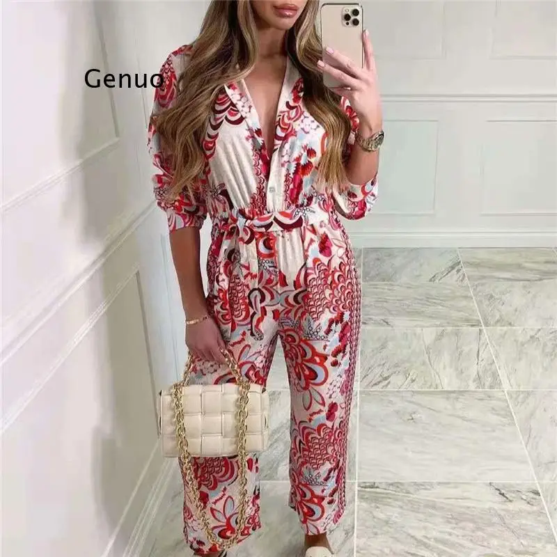 

Vintage Woman Red Print Sashes Jumpsuits 2021 Spring Casual Female High Waisted Jumpsuit Ladies Floral Beach Rompers