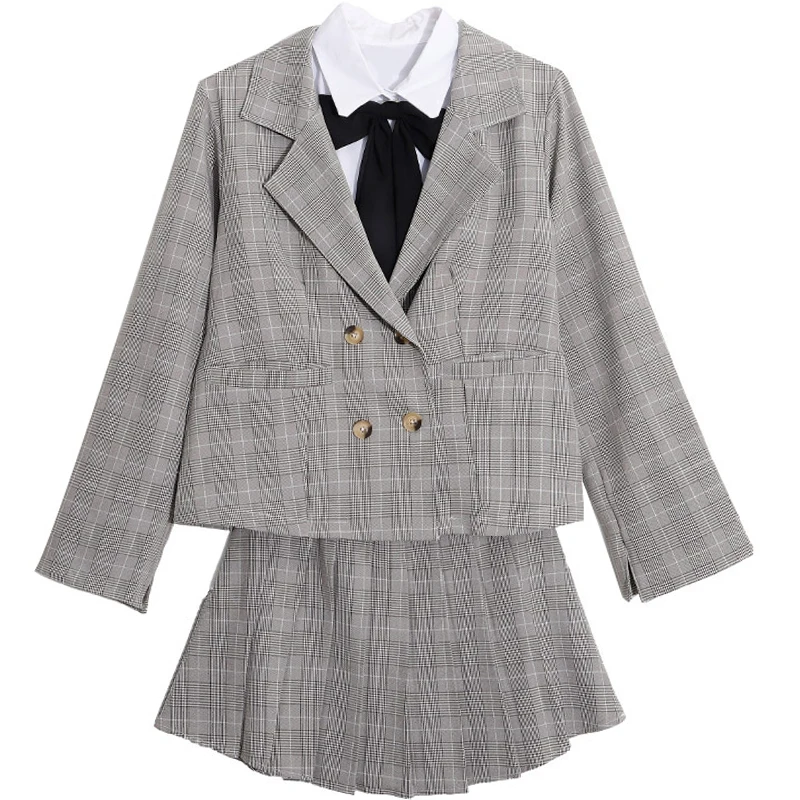 

Jk Female Autumn 2021 Korean Japanese Style Loose Plaid Suit Jacket + Pleated Mini Skirts Two-piece Female Student White Shirt