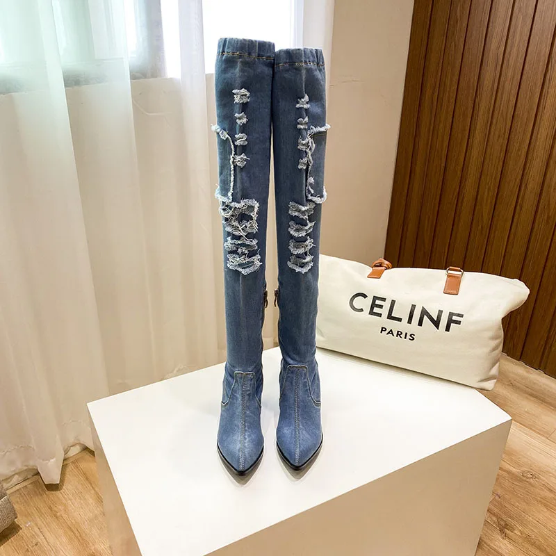 2024 New Women Thigh High Boots Pointed Toe Chunky High Heel Over the Knee Boots Slim Fit Jean Botas Mujer Elastic Denim Shoes