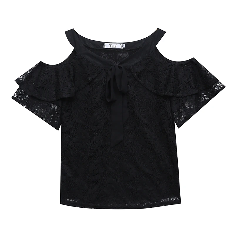 Summer Korean Clothes T-shirt Sexy Off Shouder Bowknot Lace Ruffles Women Tops Ropa Mujer Ruffle Sleeve All Match Tees T06214