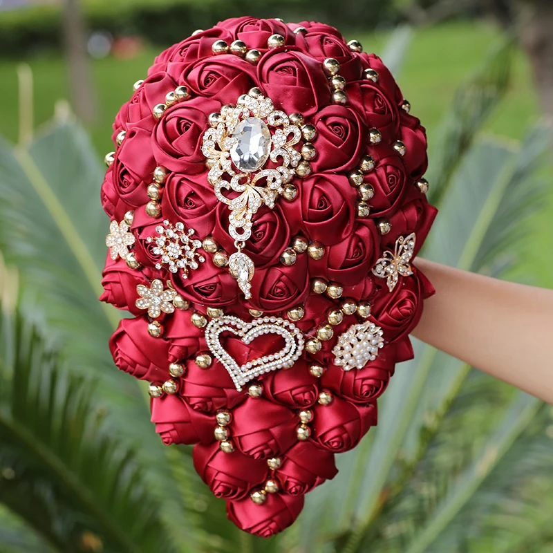 

New Waterfall Wedding Bridal Bouquet Burgundy Exquisite Diamond Brooch Bouquet DIY Bridesmaid Hand Flower Church Decoration W320