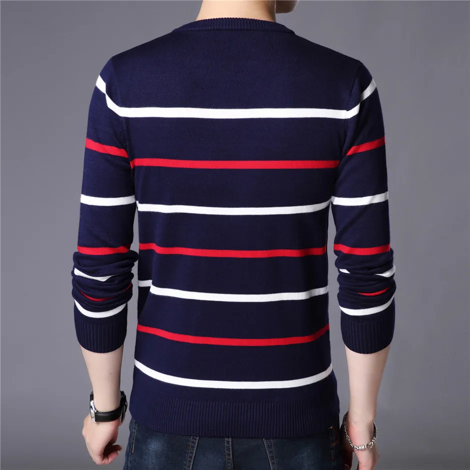 

Men's Sweater White Grey O-Neck Cotton Striped Pullover Slim Fit Homme Suitable Casual Knitwear Clothing Jersey 2021