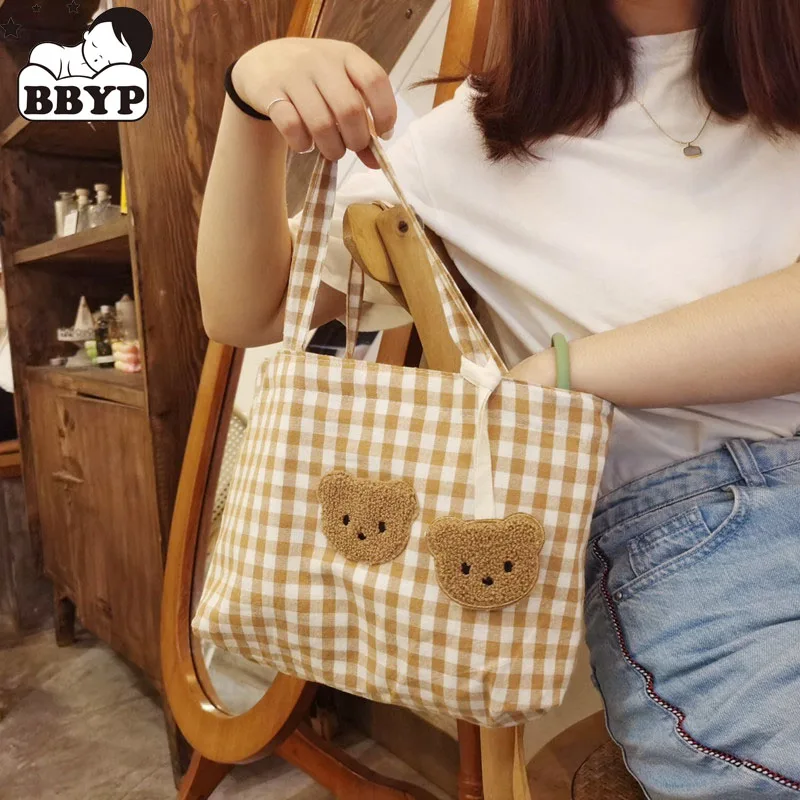 

Portable Lunch Bag JMommy bag apanese Plaid Cotton Picnic Food Bag Women Simple Small Tote Korean Style Children Lunch Bags Kids