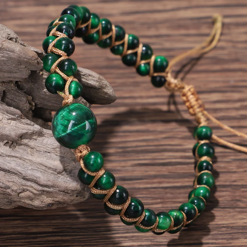 Handmade Natural Stone Charm Warp Bracelet Green Tiger Eye Stone Beads String Braided Bracelet DIY Yoga Bangle Women Men Jewelry