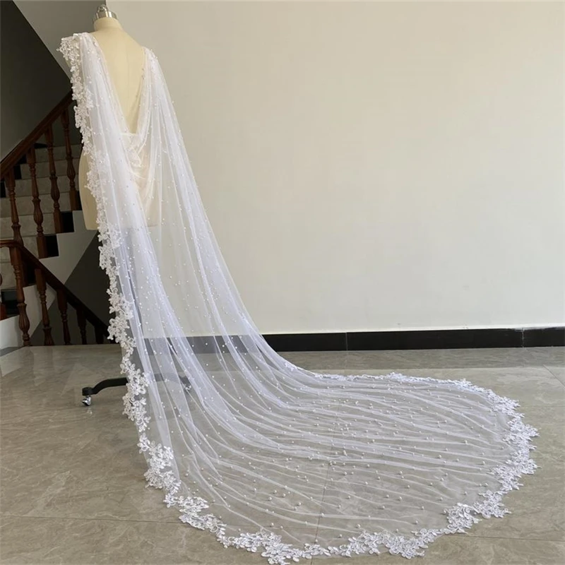 Real Photo เจ้าสาว Cape Veils ไข่มุกสีขาวงาช้าง Tulle ขอบลูกไม้หรูหรา Starry งานแต่งงานหมวกไหล่ Veils สำหรับเจ้าสาวยาว3 4 M