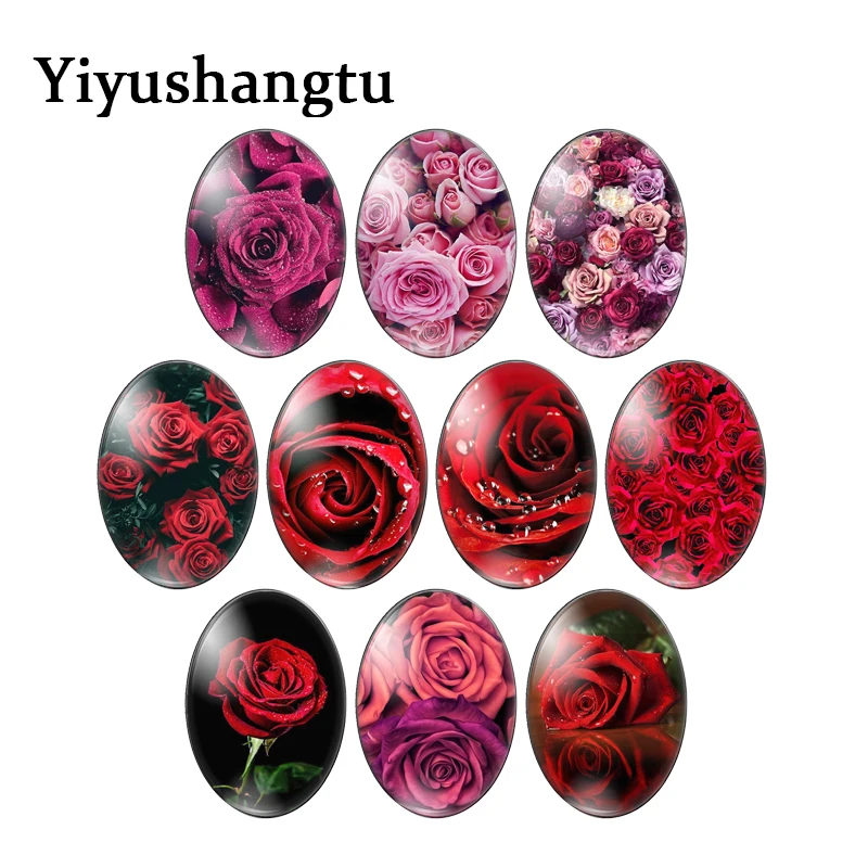

New Beauty Rose Flower Roseleaf 10pcs mixed 13x18mm/18x25mm/30x40mm Oval photo glass cabochon demo flat back Making findings