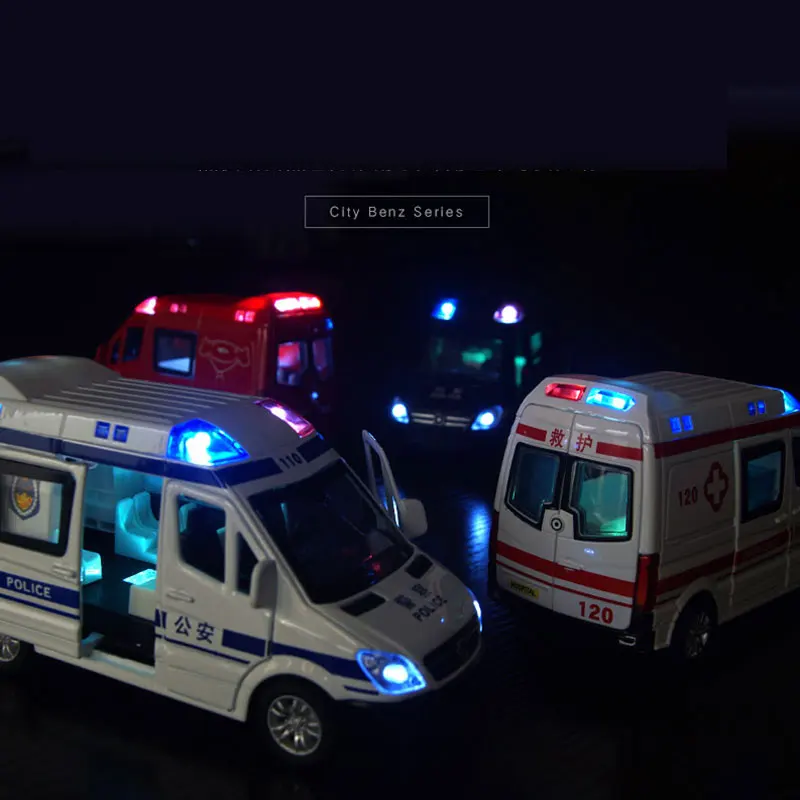 Real 1:32 alloy diecast ambulance car policecar music light mini car toy collection model gift